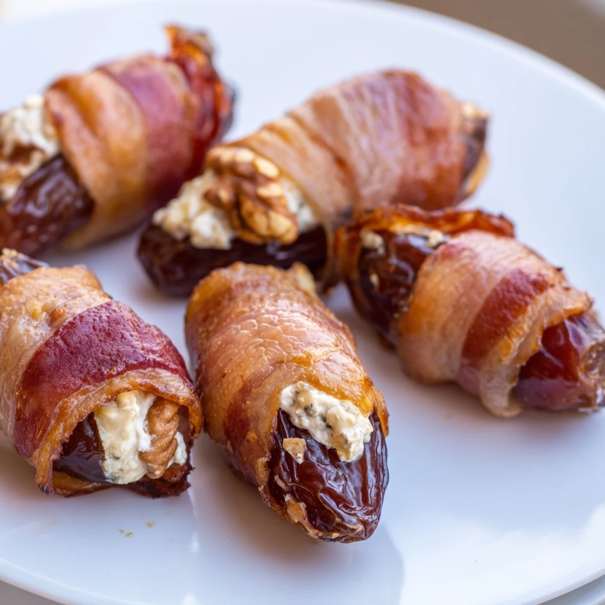 Crispy bacon embraces sweet Medjool dates filled with cream cheese and walnuts, delicious bite.