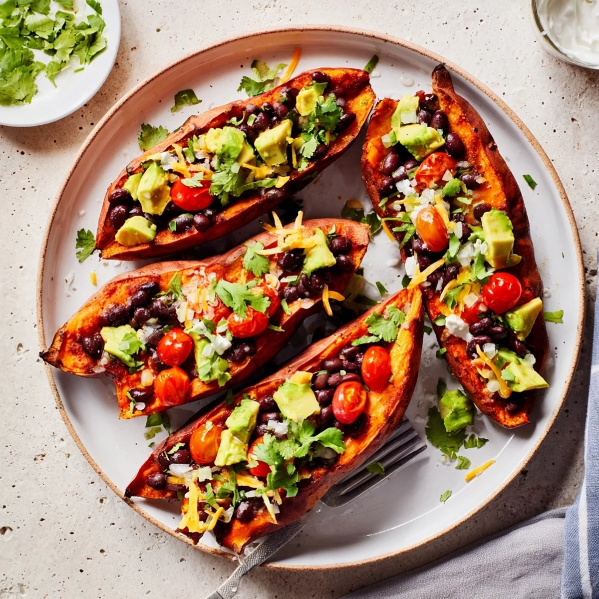 Golden, fluffy Loaded Baked Sweet Potatoes, brimming with flavorful black beans and fresh toppings.