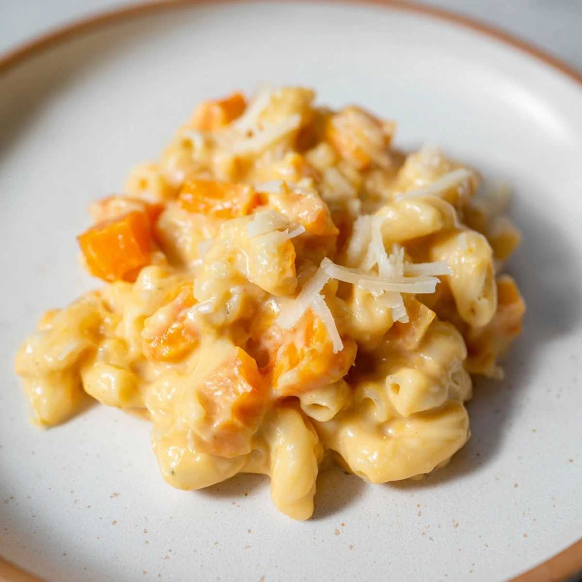 Golden butternut squash mac & cheese, ready to serve with Parmesan and perfect for a satisfying meal.