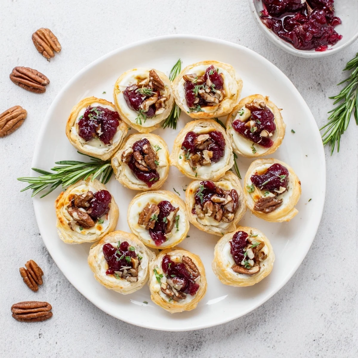 Golden, flaky puff pastry cups filled with warm, creamy Brie and sweet cranberry in these bites.