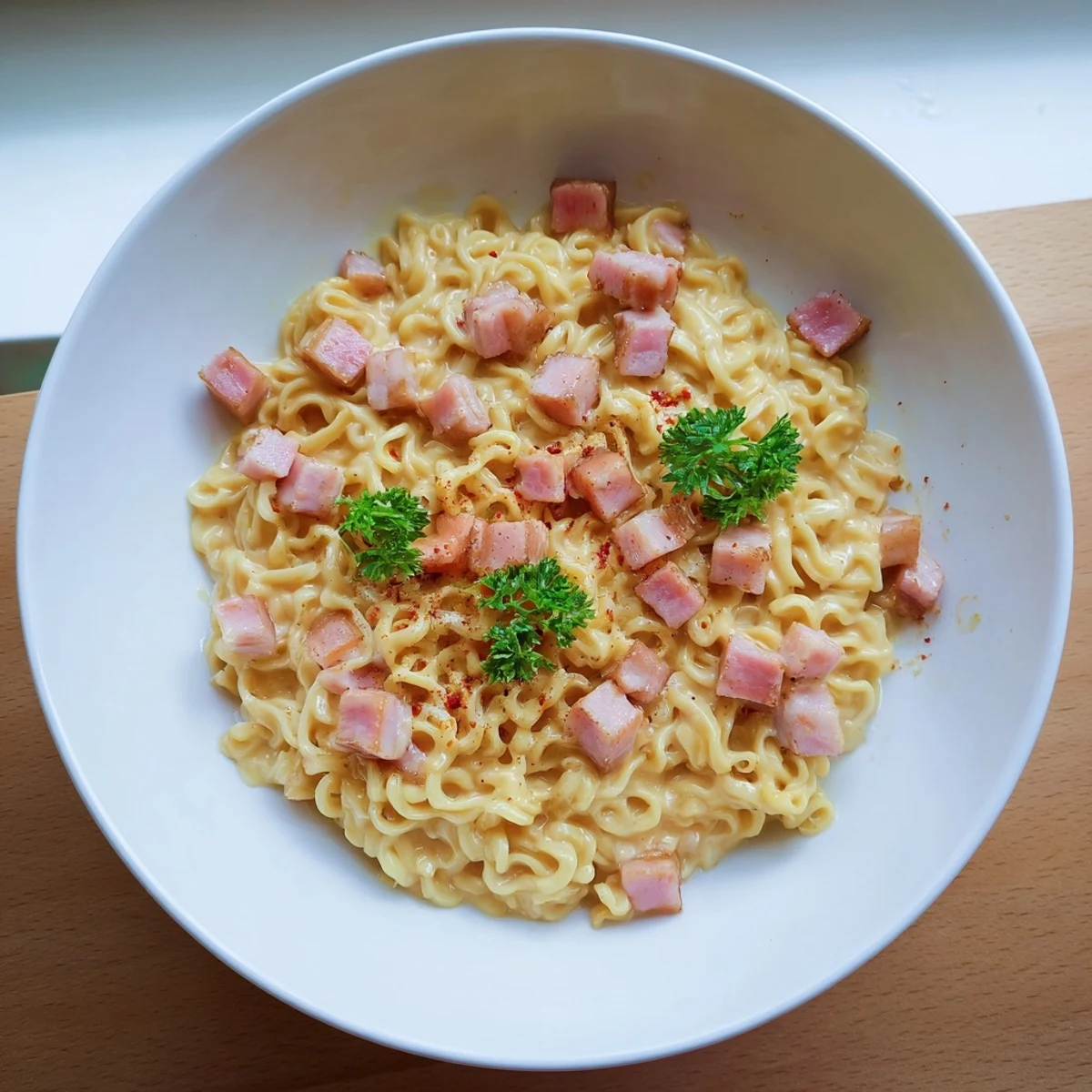 A close-up of delicious Carbonara Ramen Fusion, showcasing creamy sauce and perfectly cooked noodles.