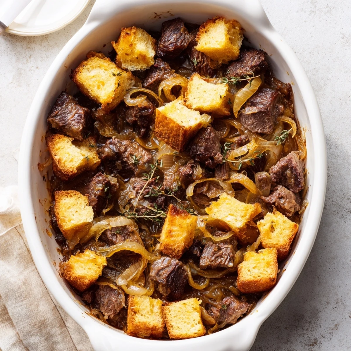 Warm and savory, this French Onion Pot Roast Casserole features tender beef and melted Gruyère.