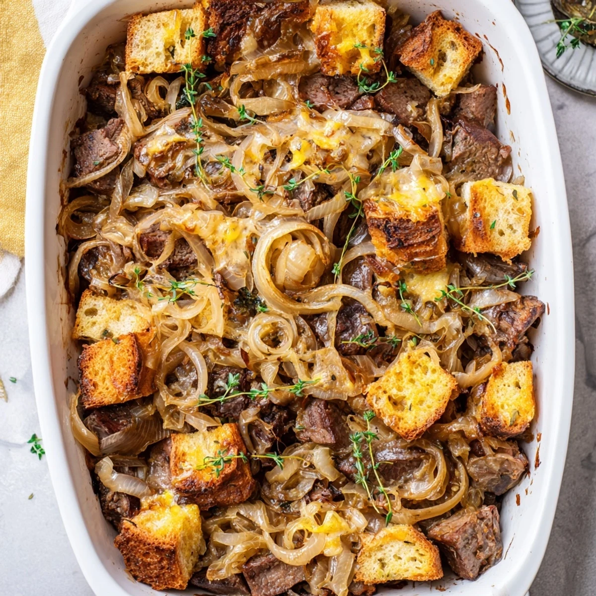 Homemade French Onion Pot Roast Casserole with caramelized onions, a hearty and flavorful dinner option.