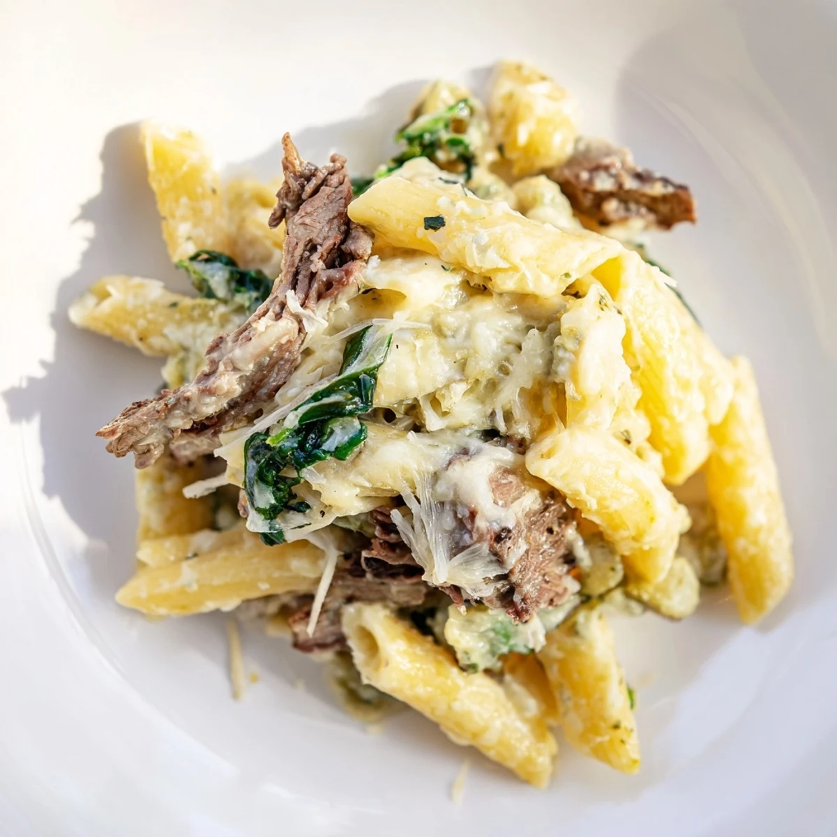 Creamy Steak & Spinach Artichoke Pasta Bake bubbling, golden, ready for a comforting bite.