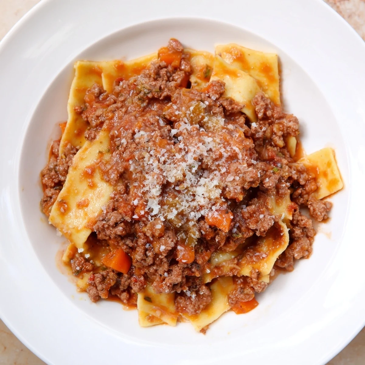 Rich and savory, the finished Classic Tuscan Ragu, ready to top with Parmesan cheese.
