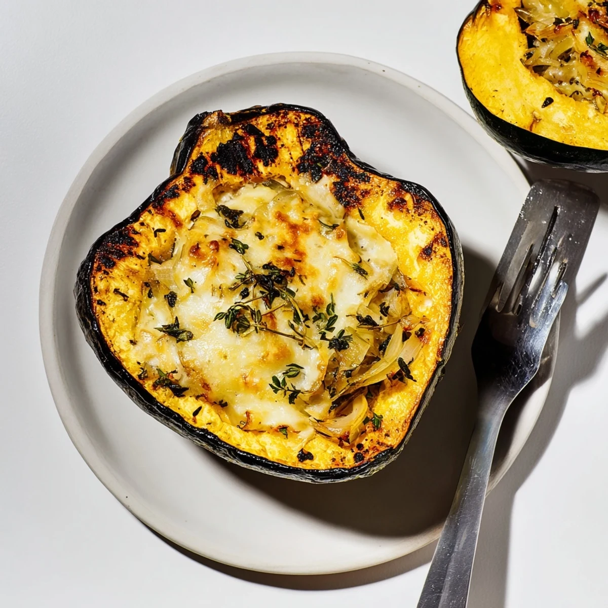 Golden brown Caramelized Onion Gruyere Acorn Squash, a vegetarian delight ready for serving and enjoyment.