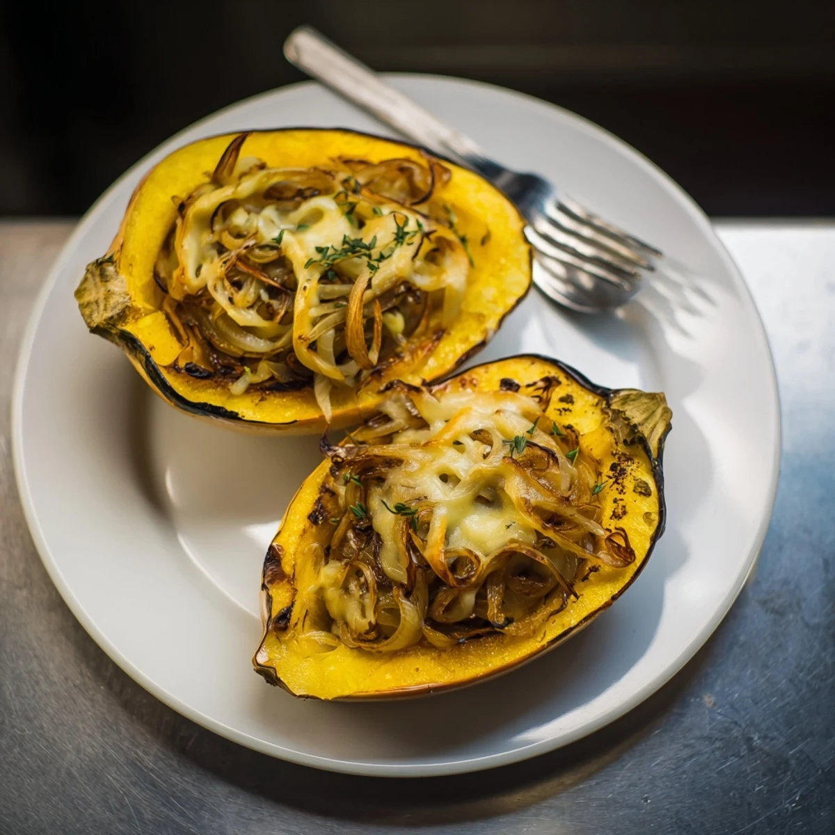 Melted Gruyere covers Caramelized Onion Gruyere Acorn Squash halves, showing delicious textures and colors, ready to savor.