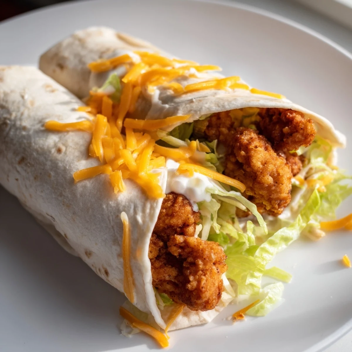 Golden, crispy chicken ranch snack wrap, brimming with cheese and fresh lettuce, ready to eat.