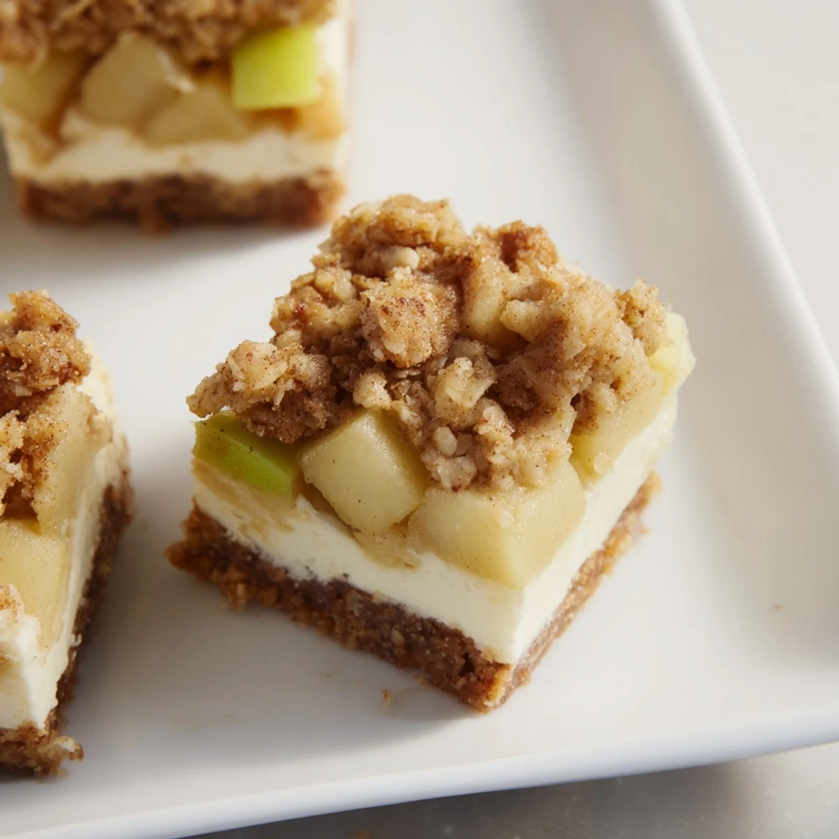 Warmly spiced and buttery Apple Crisp Cheesecake Bars, perfect for dessert with a scoop of vanilla ice cream.