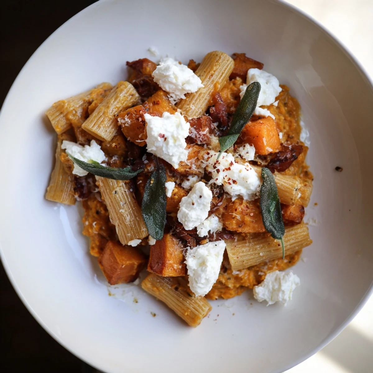 Golden roasted sweet potatoes and creamy goat cheese mingle in this flavorful pasta recipe.