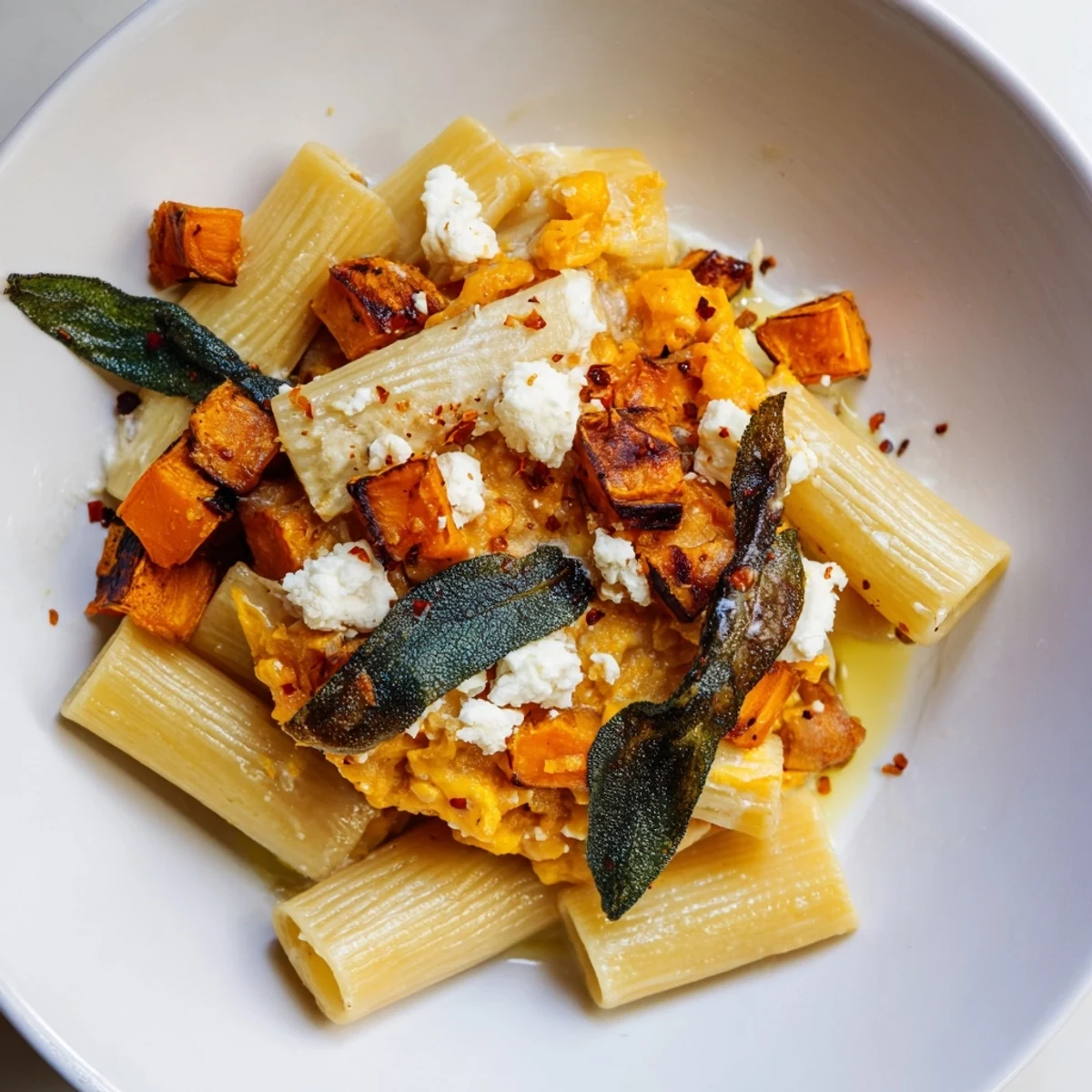 Picture perfect bowl of Viral Sweet Potato Goat Cheese Sage pasta garnished with crispy fried sage.