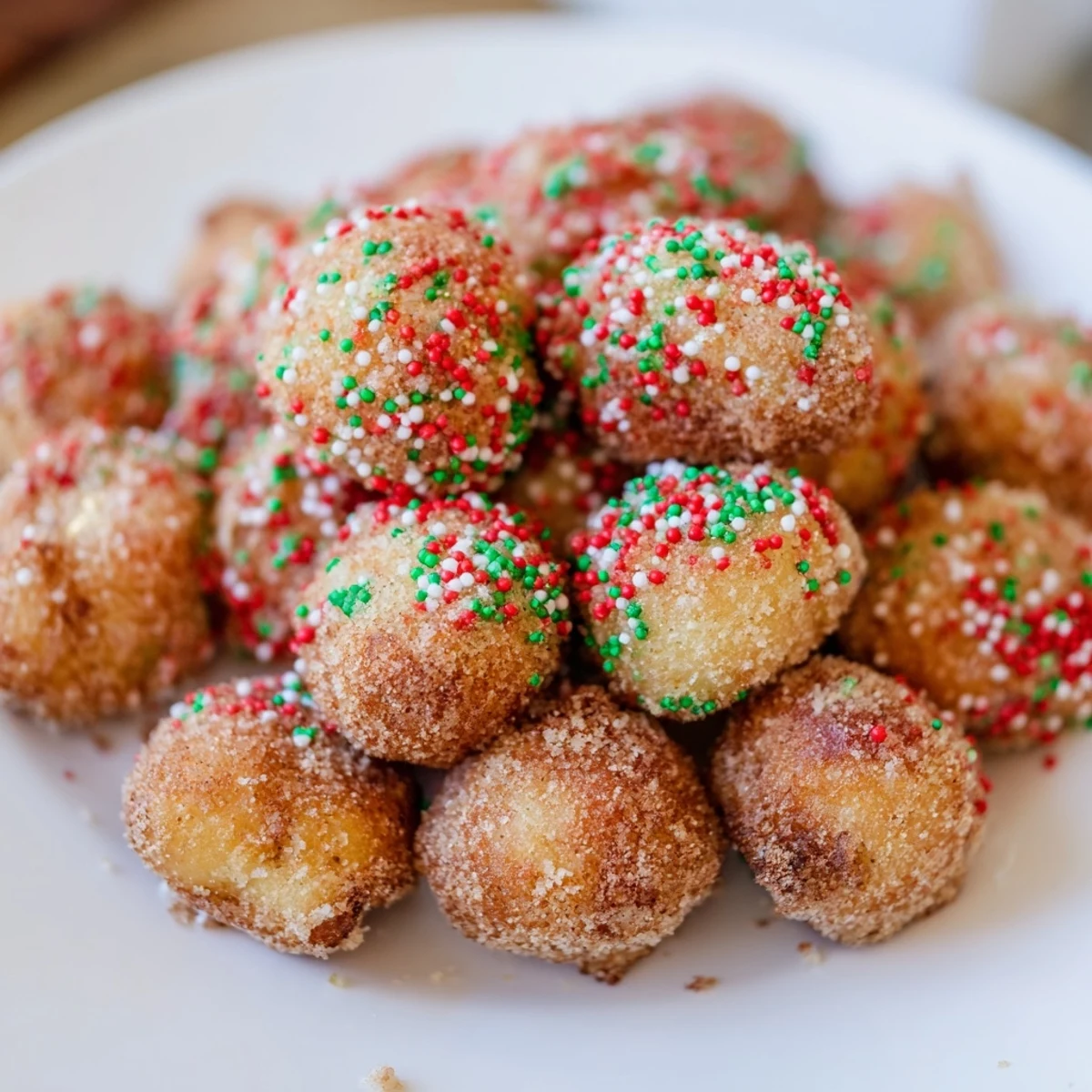 Golden brown Air Fryer Christmas Donut Holes, dusted with cinnamon sugar and bright holiday sprinkles.