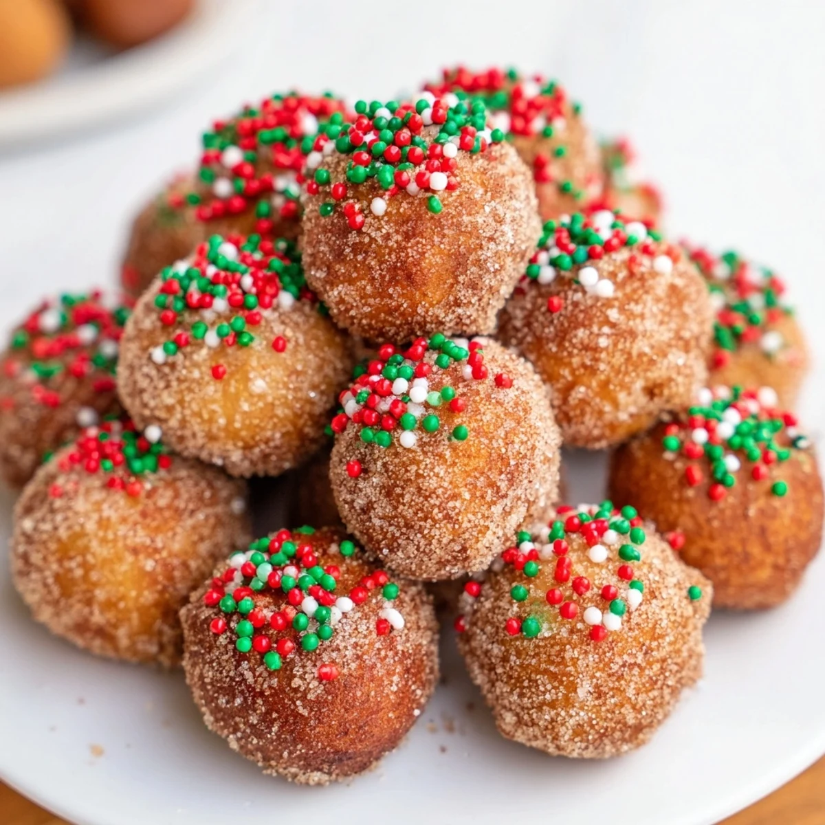 Freshly made Air Fryer Christmas Donut Holes with a sweet cinnamon sugar coating, perfect as a snack.