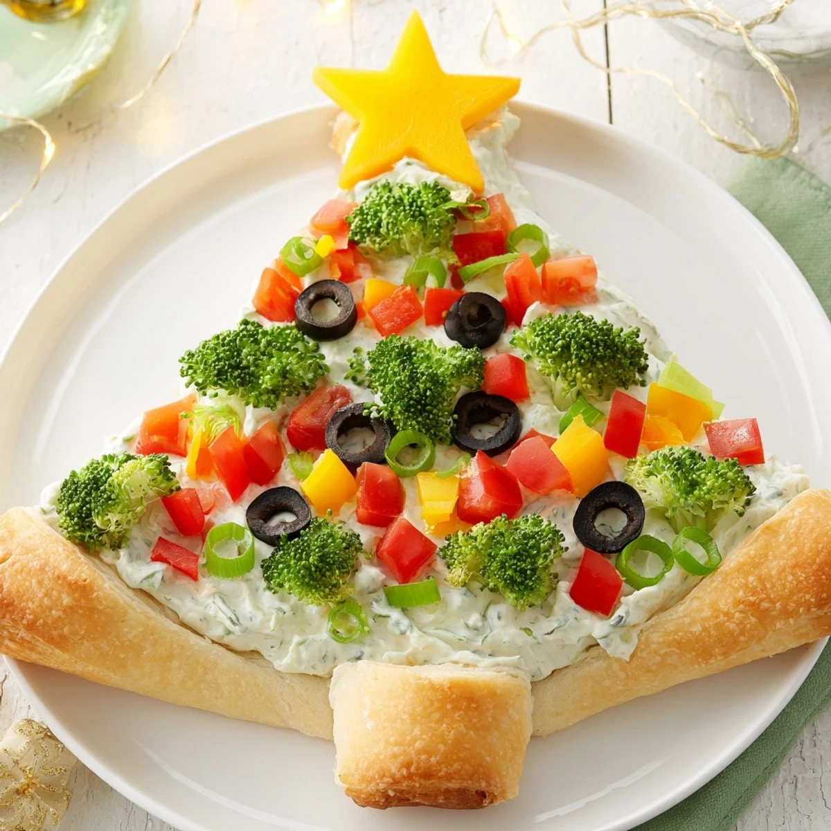 Festive Easy Christmas Tree Veggie Pizza, a beautiful appetizer with creamy base and colorful veggie toppings.