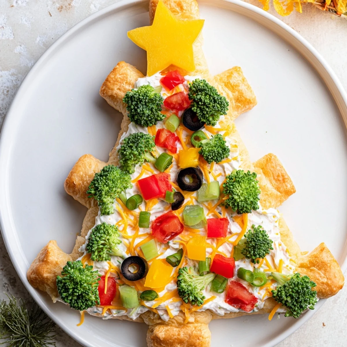 Easy Christmas Tree Veggie Pizza arranged on a platter, showcasing vibrant colors and fresh vegetable toppings.