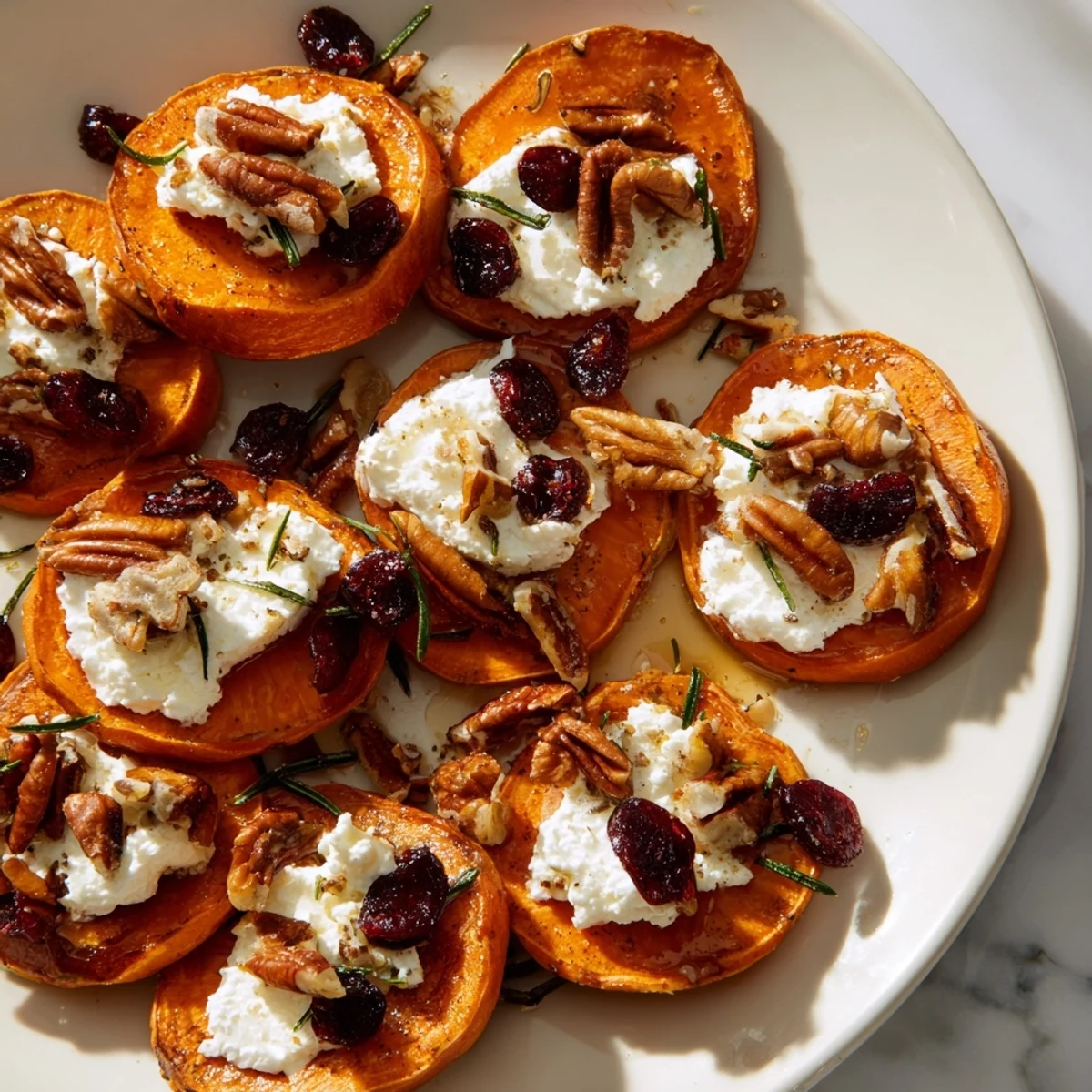 Golden, roasted Express Holiday Sweet Potato Rounds topped with creamy goat cheese and crunchy pecans.