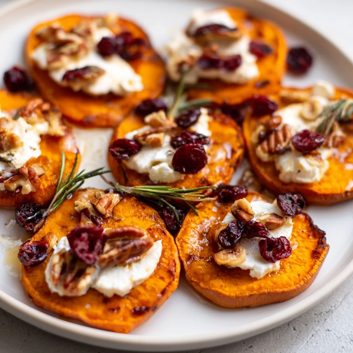 Holiday appetizer of Express Sweet Potato Rounds glistening with honey, cranberries and herbs, ready to be served.