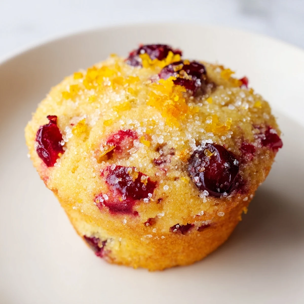 Freshly baked Quick Festive Cranberry Orange Muffins, light and airy, are topped with coarse sugar and orange zest.