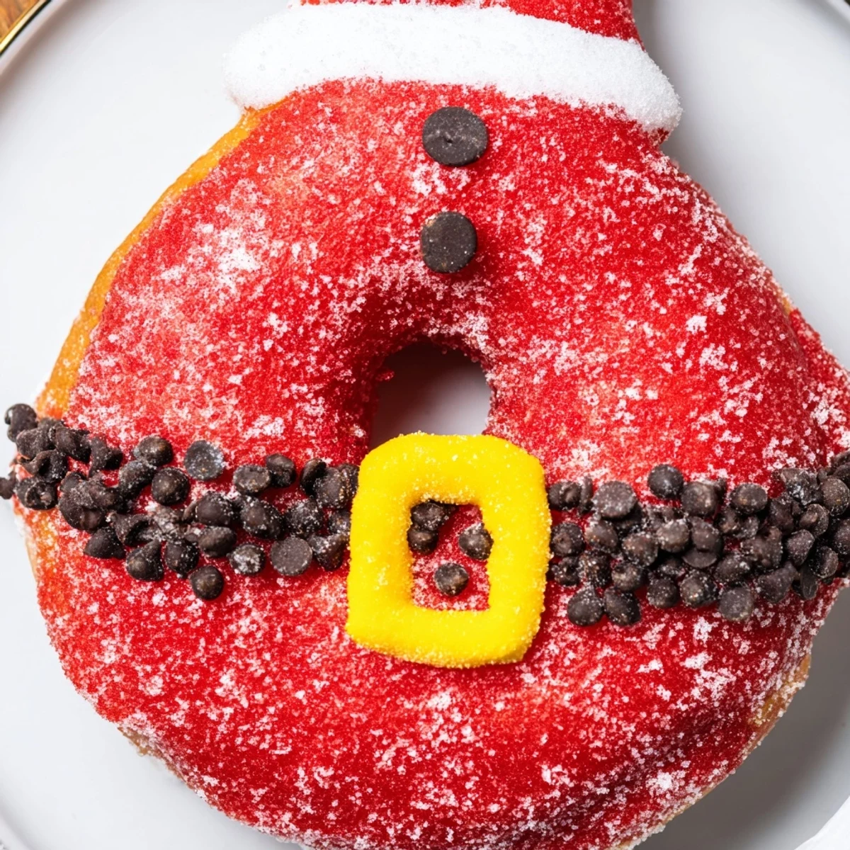 Fluffy Santa Belly Donuts, glazed in red with chocolate belts and ready for festive serving.