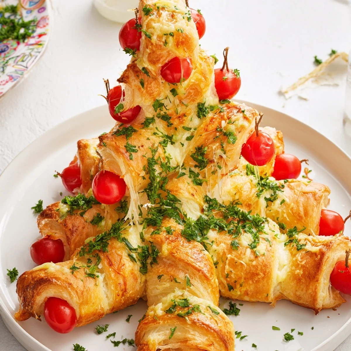 Flaky, cheesy Budget Christmas Crescent Roll Trees on a baking sheet, ideal for a vegetarian Christmas snack.