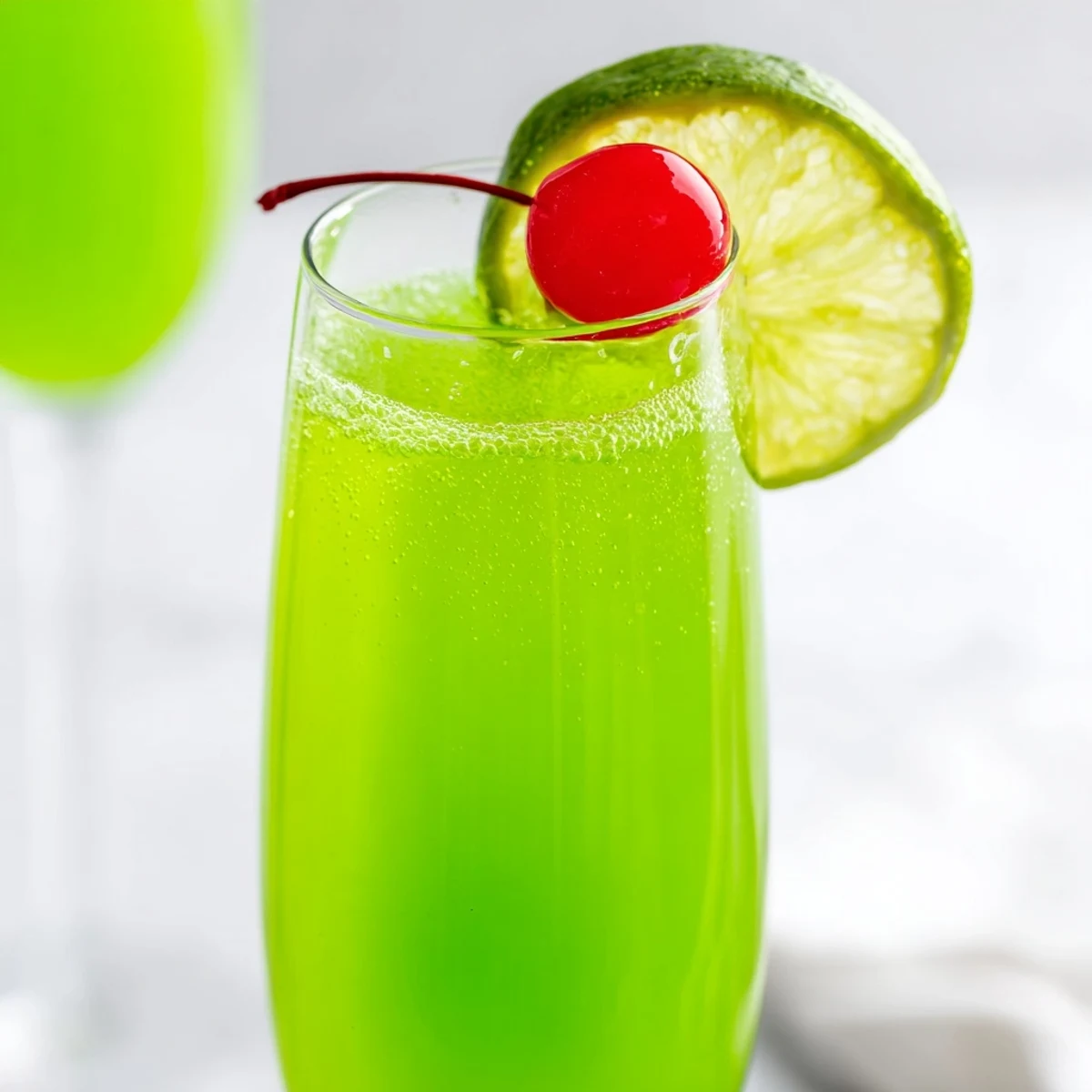 Refreshing Quick Grinch Mimosa Mocktail, a bright green drink served in elegant flutes for kids or adults.