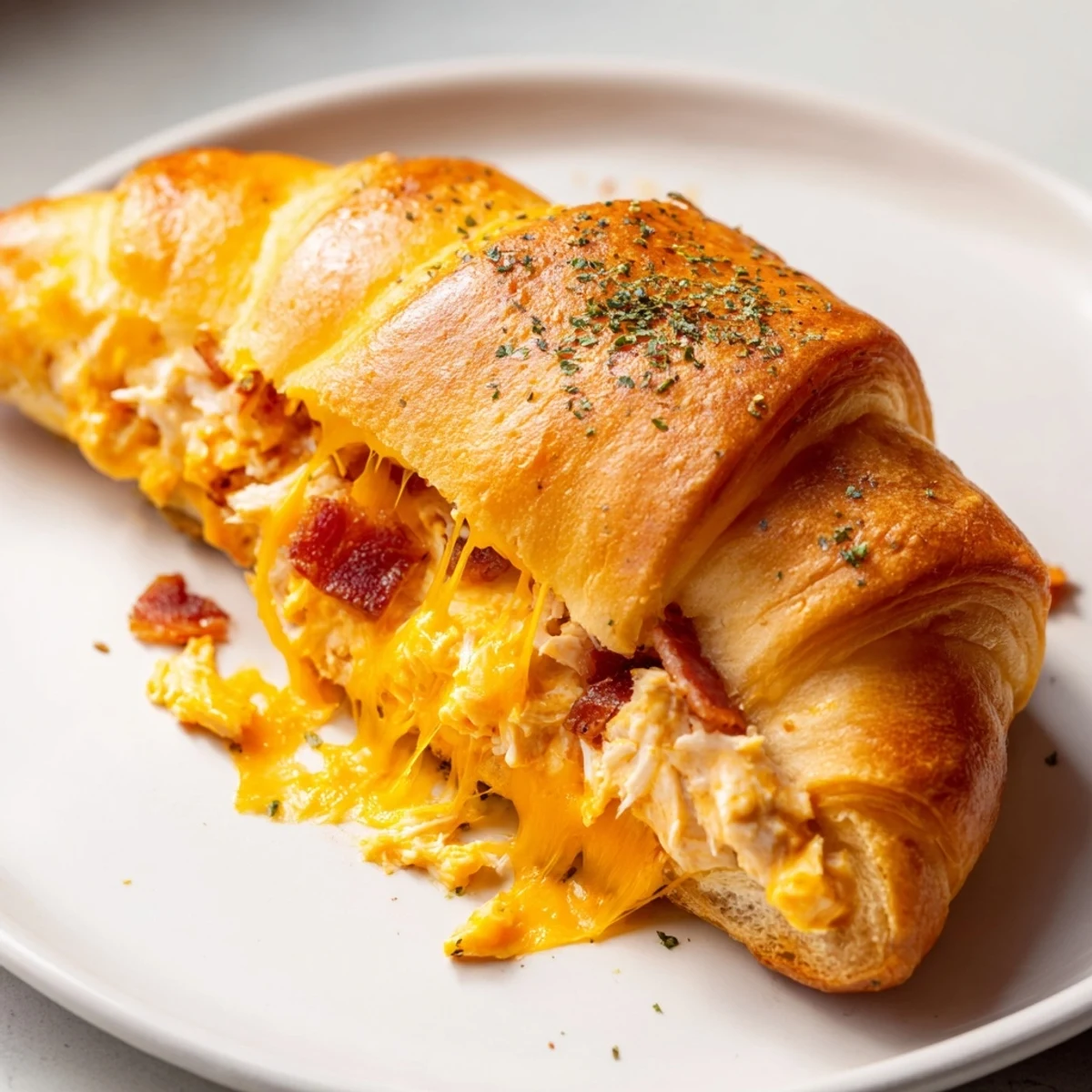 Golden-brown Cheesy Chicken and Bacon Crescent Rolls, oozing cheese, perfect for a quick snack or dinner.