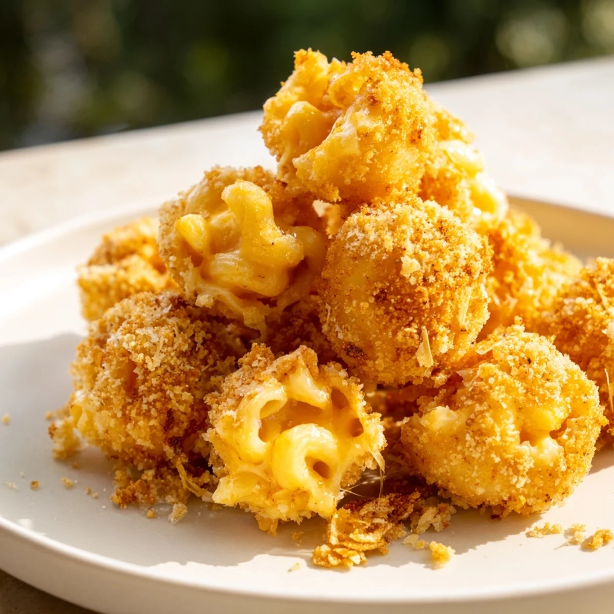 Close-up of baked ditalini mac and cheese bites, showing a golden crust and creamy cheese filling.