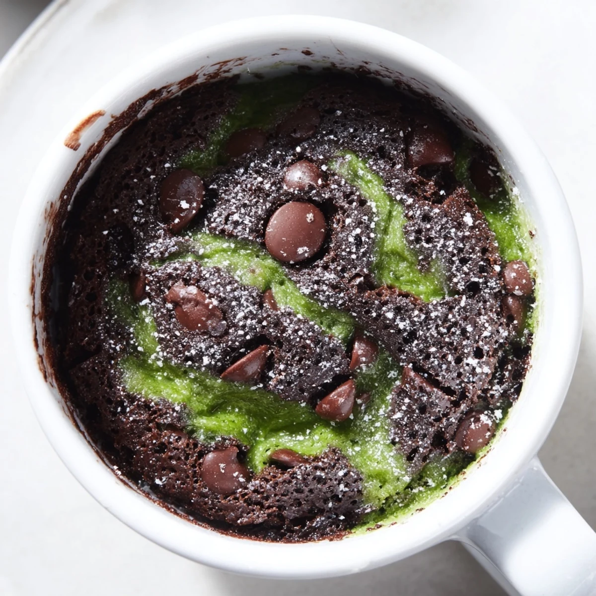 Fudgy, rich matcha peppermint brownie mug cake, swirled with melted chocolate, ready to eat in a mug.