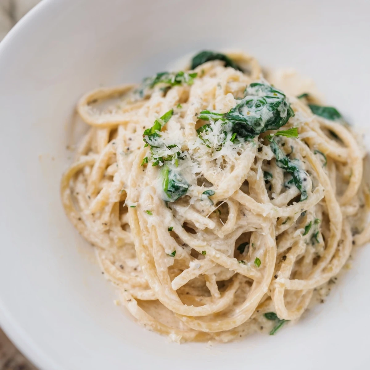 Creamy Greek Yogurt Spinach Alfredo Pasta with vibrant green spinach, ready to serve with Parmesan.