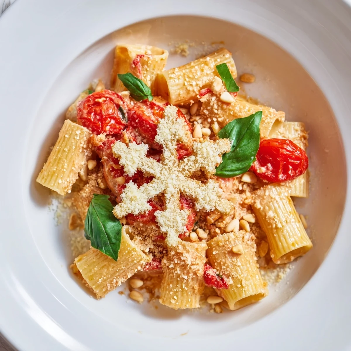 Vibrant red roasted tomatoes mingle with pasta in this delicious Baked Goat Cheese Snowflake Tomato Basil Pasta.