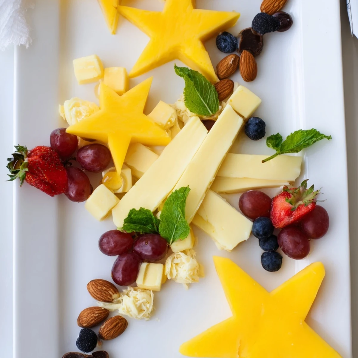 Shooting Star Snack Board bursting with colorful fruits, cheeses, and pretzels, ready to serve beautifully.