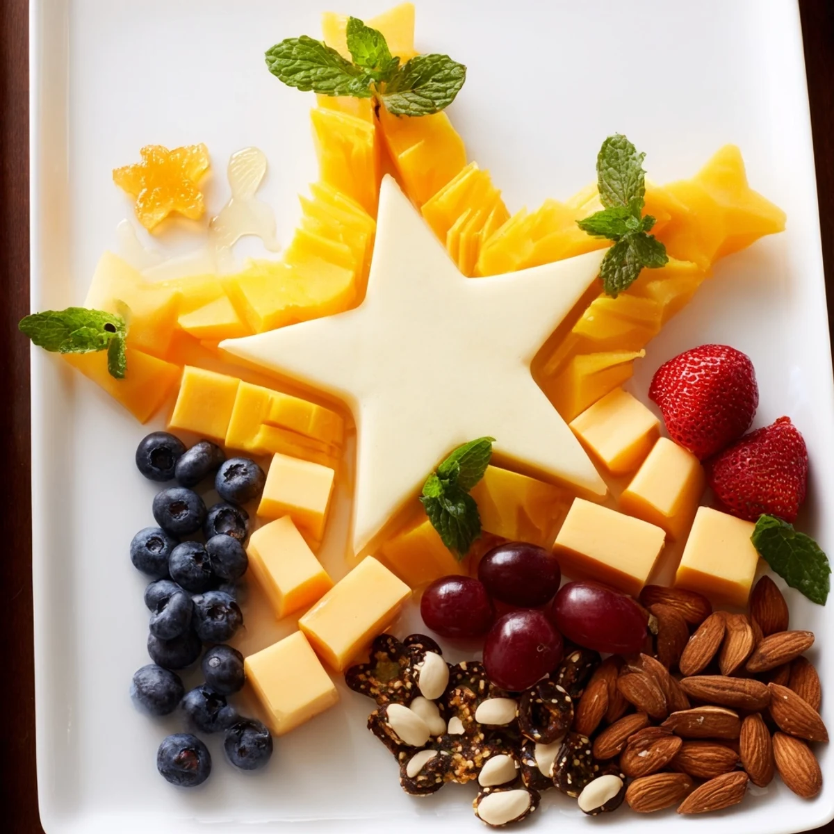 Festive Shooting Star Snack Board arrangement with creamy brie, crunchy crackers, and sweet chocolate stars, delicious!