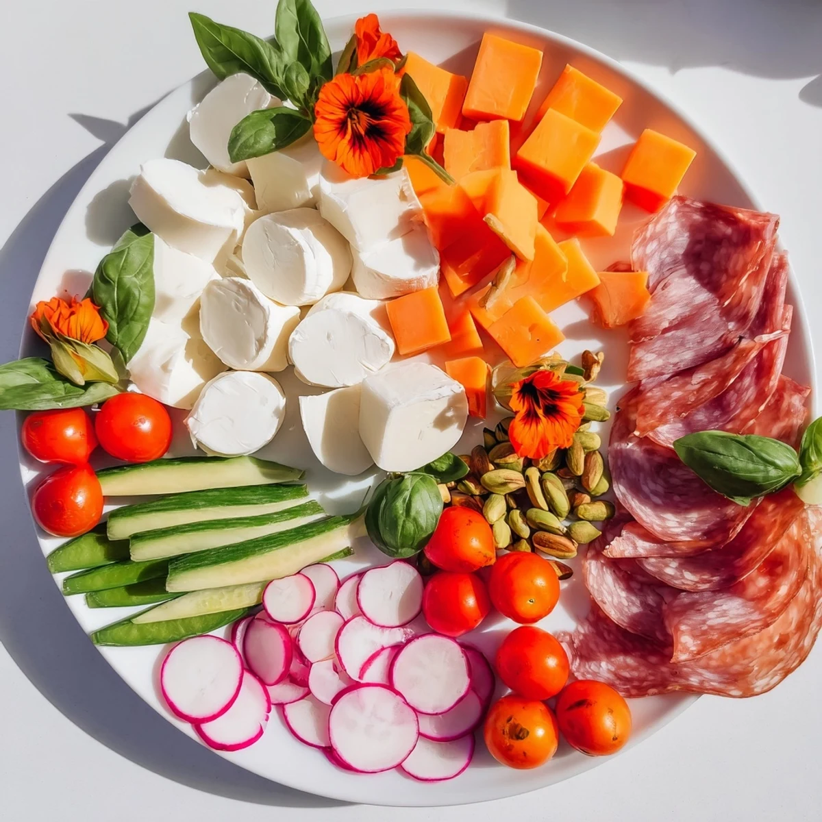 Tasteful Dragonfly Dance Appetizer Tray: a spread featuring vibrant veggies, dips, and meats, ready to serve.