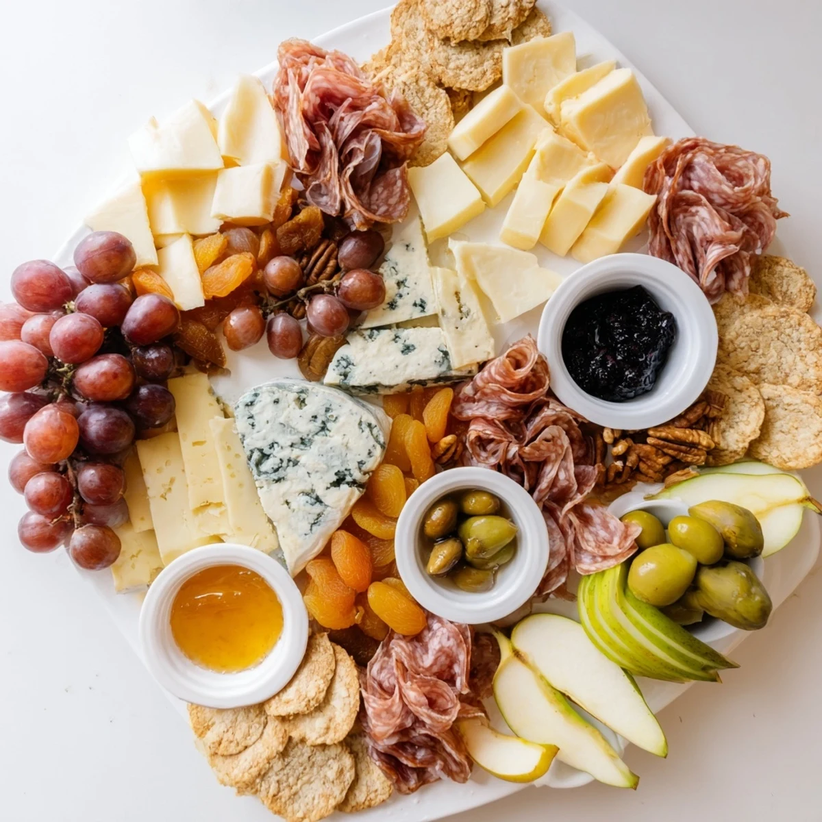 Moonlight Picnic Board beautifully arranged with a selection of cheeses, fruits, and charcuterie for your party.