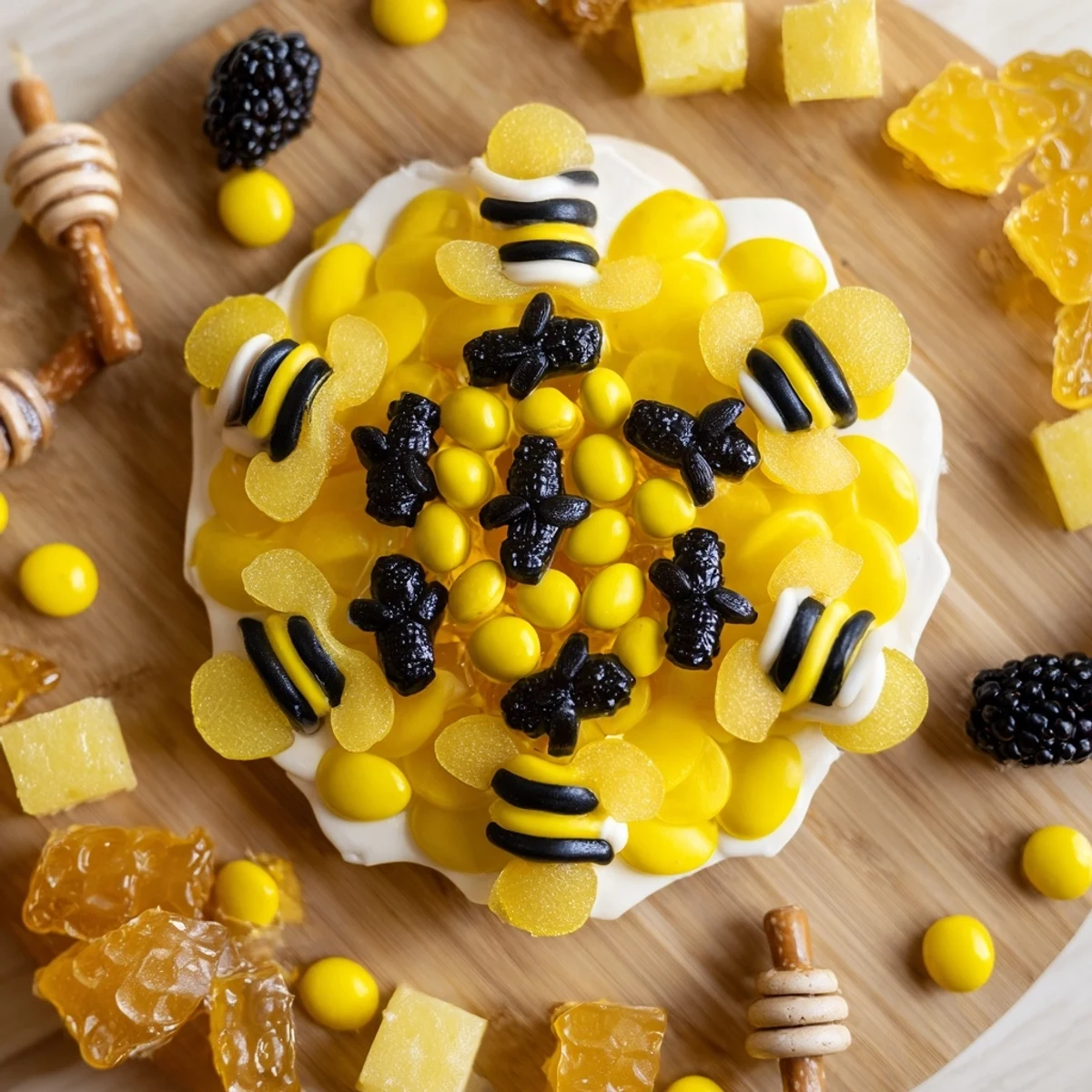 A vibrant Bumblebee Candy Board featuring bee-shaped candies, yellow treats, and fresh berries.