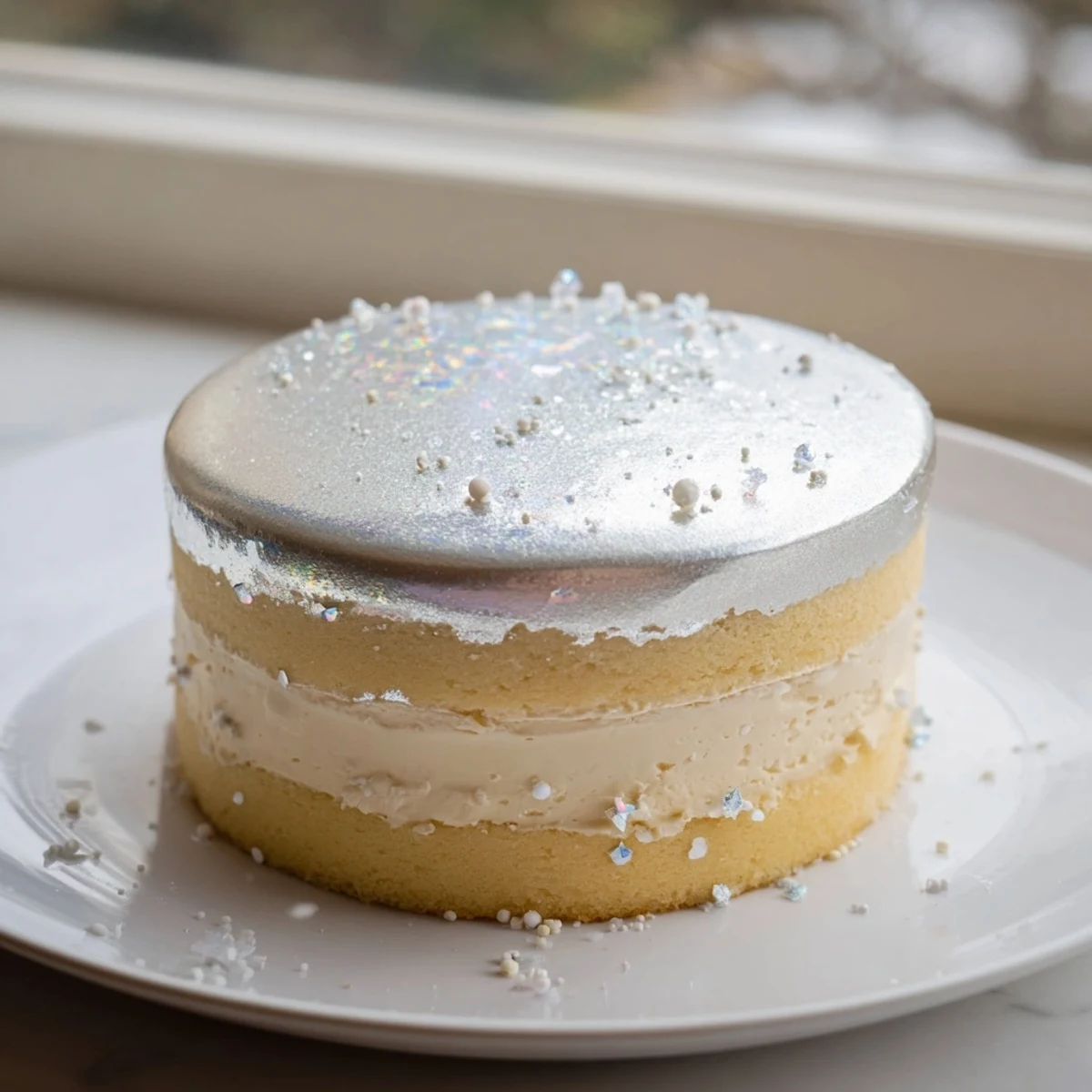 Elegant Diamond Ring Engagement Cake, glistening with a white chocolate mirror glaze and edible silver leaf.