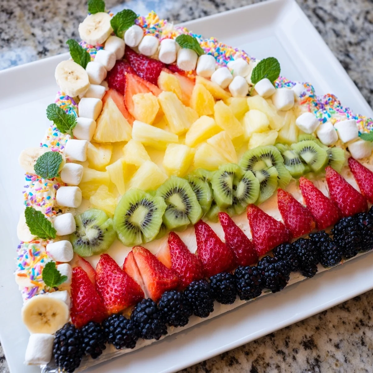 Vibrant fruit arranged as a Happy Birthday Cake slice, a beautiful and healthy party snack.