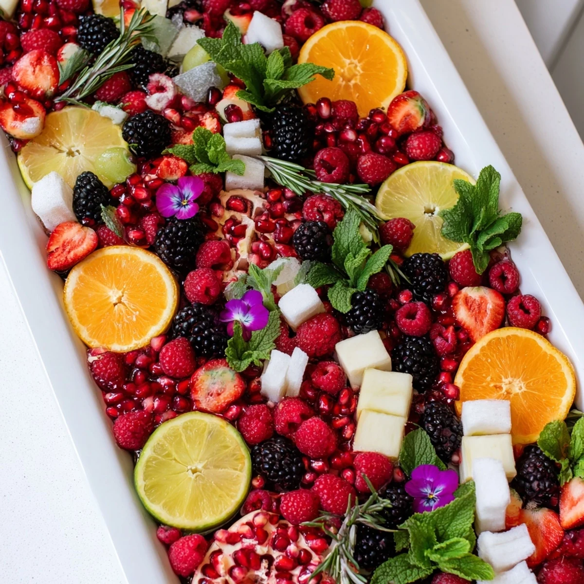 This beautiful Bubbly Bar New Years Eve Garnish Tray offers a colorful display of fruit and flavors to enhance sparkling drinks.