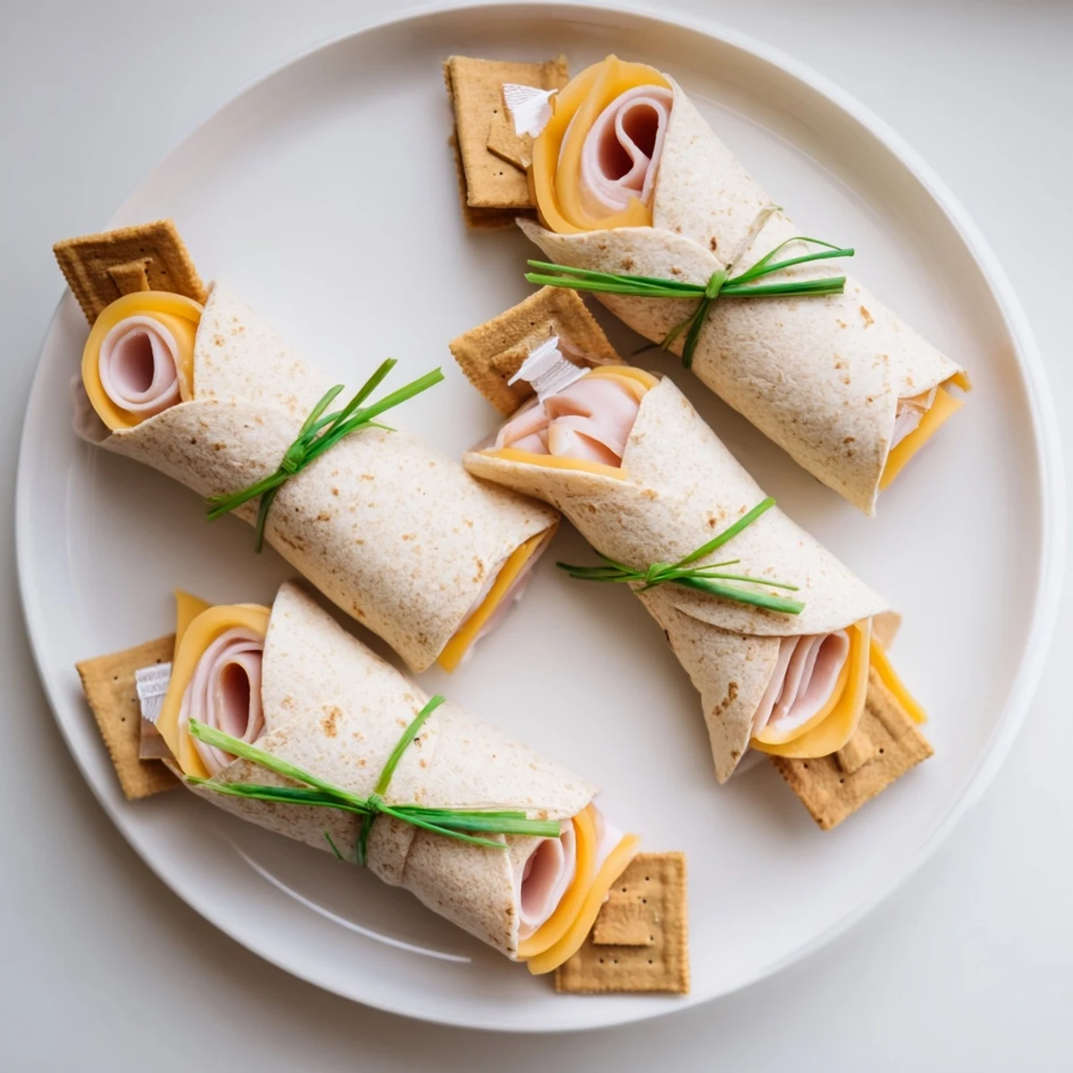 Close-up of savory Graduation Cap Diploma Snack Wraps with vibrant green chive ties, a festive snack.