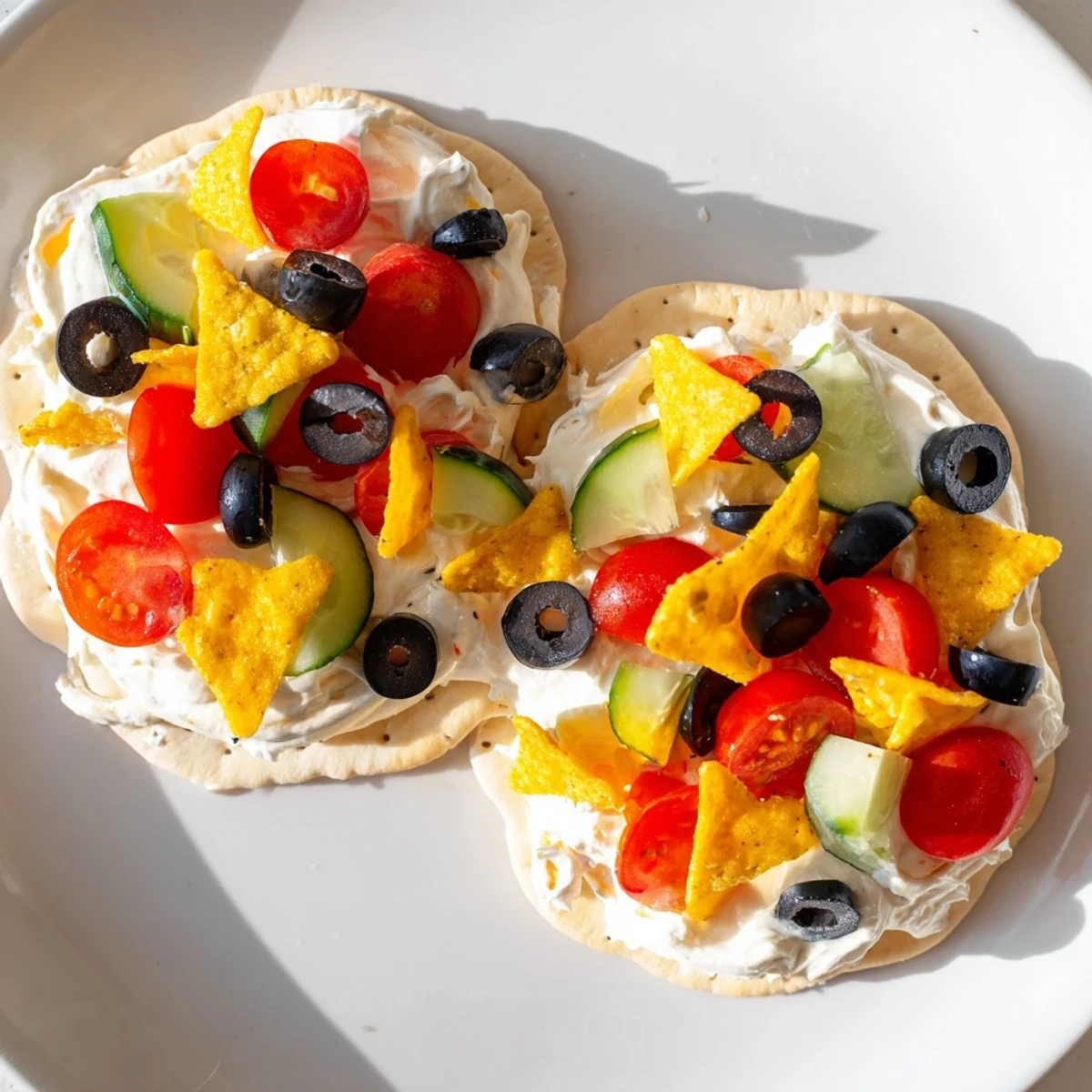 Gold Medal Olympic Ring Appetizers arranged on a platter, featuring colorful toppings atop creamy crackers.