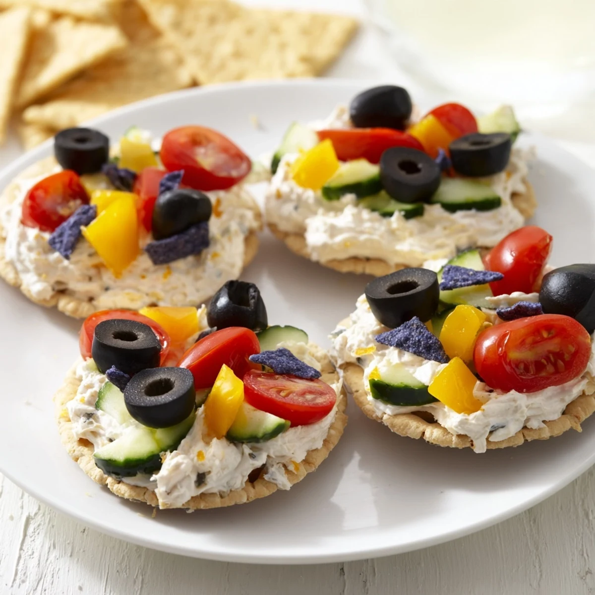 Mouthwatering Gold Medal Olympic Ring Appetizers, vividly displaying red, yellow, green, black and blue toppings.