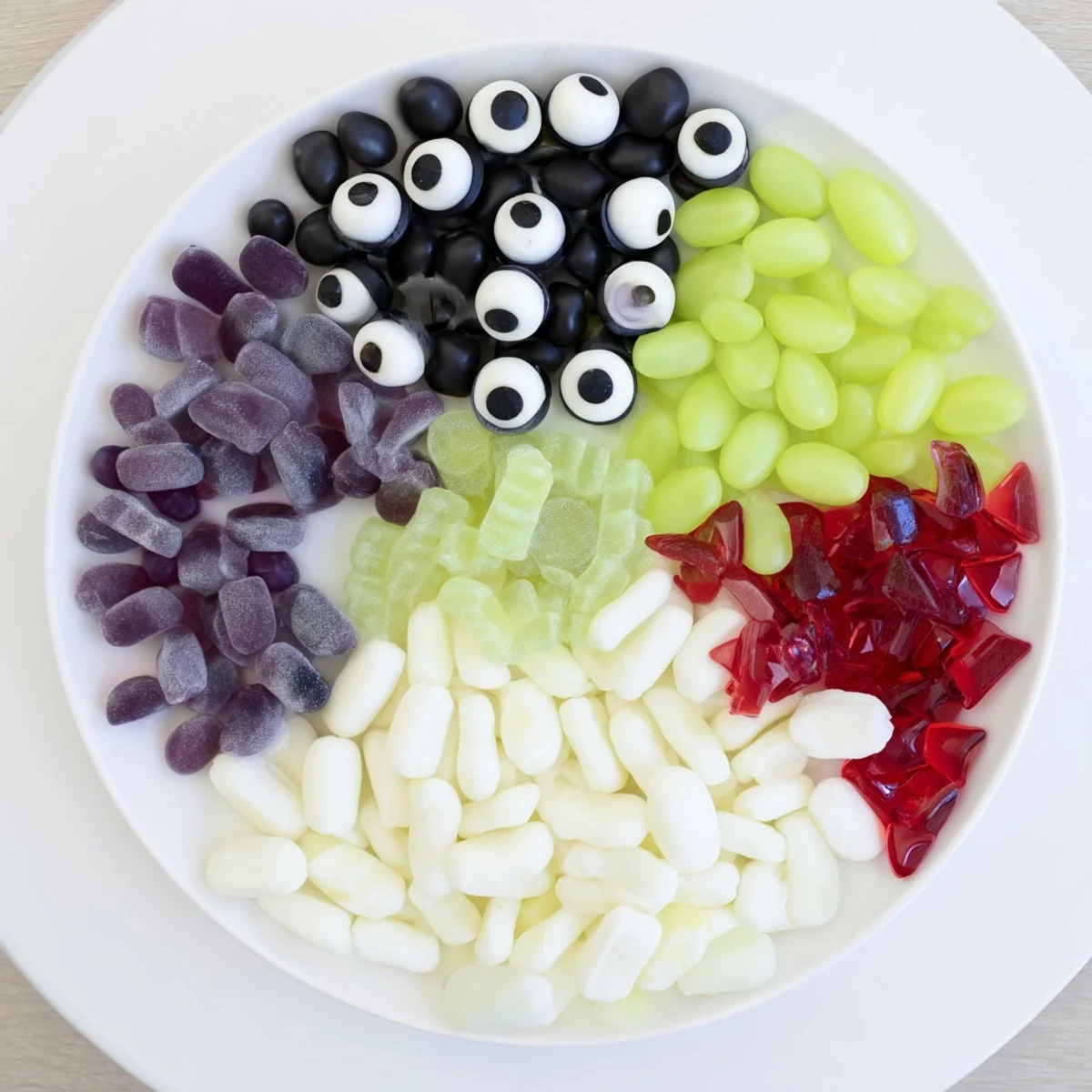Vibrant Poison Apple Candy Platter: A colorful Halloween dessert featuring sour apple candies and spooky elements.