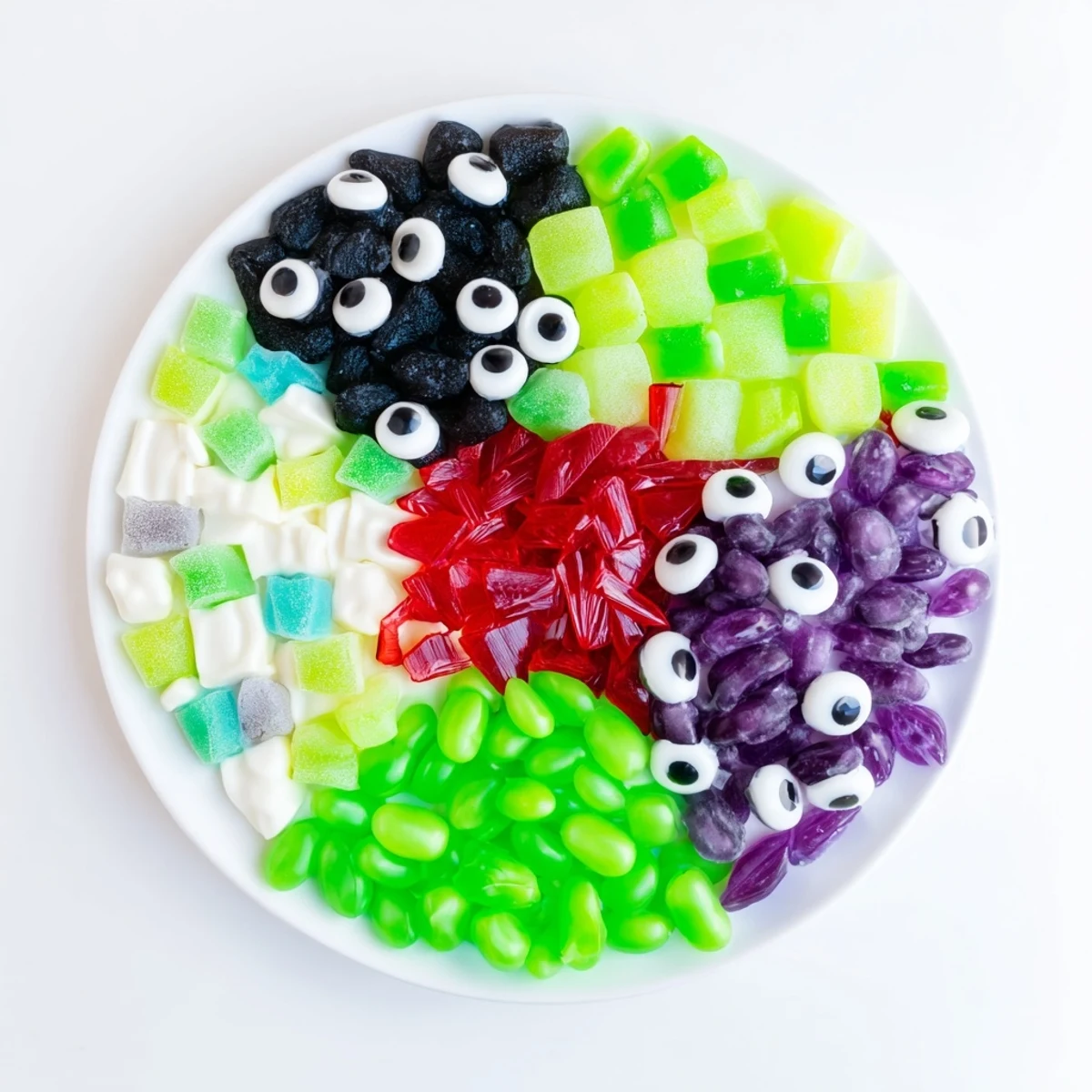 Eye-catching Poison Apple Candy Platter, brimming with green and purple candies perfect for your Halloween gathering.