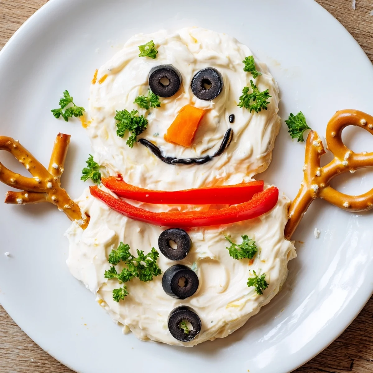 A cheerful, melty presentation of a snowman dip bowl, featuring a red bell pepper scarf decoration.