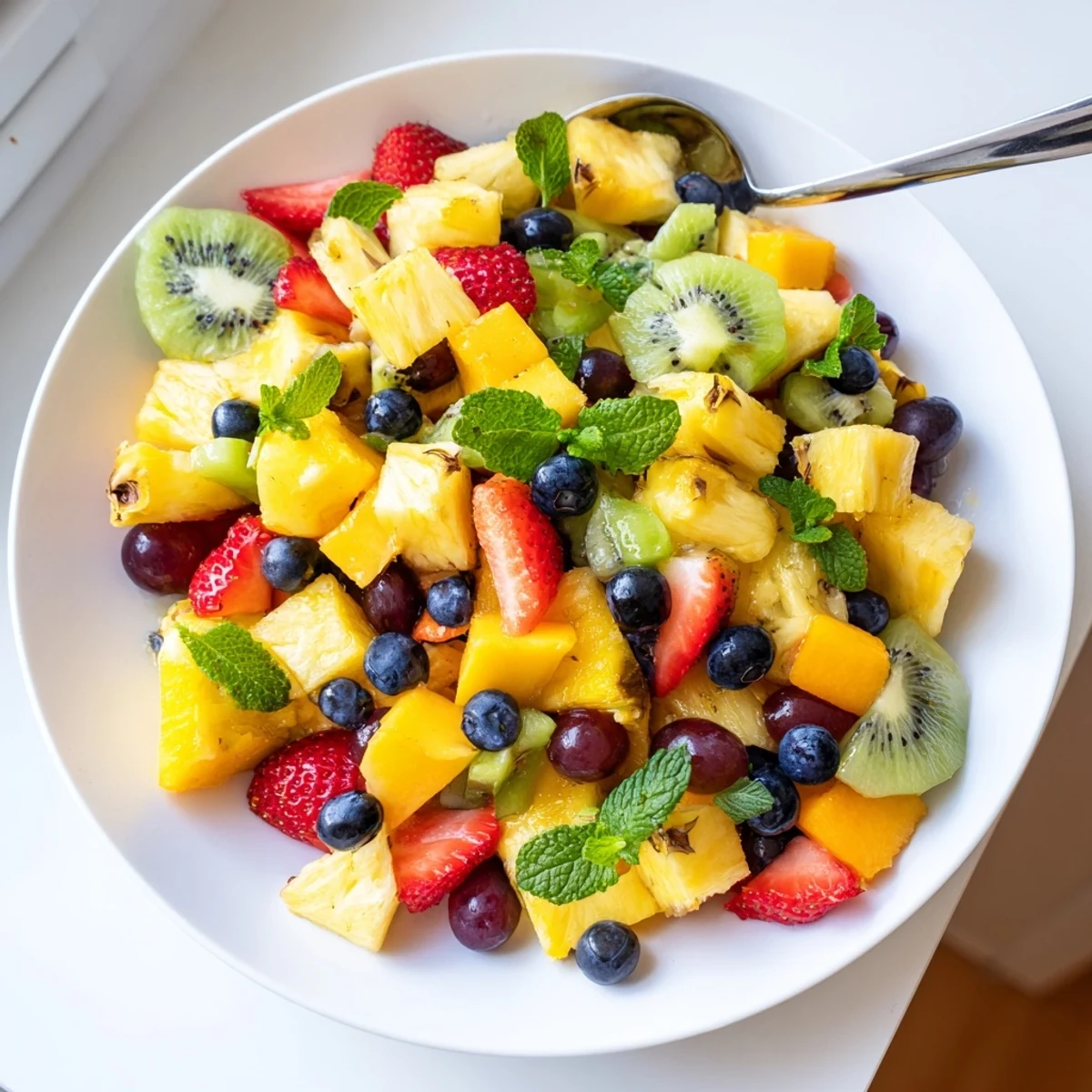 This Tropical Pineapple Fruit Boat shows a refreshing fruit salad with bright kiwi and strawberries.