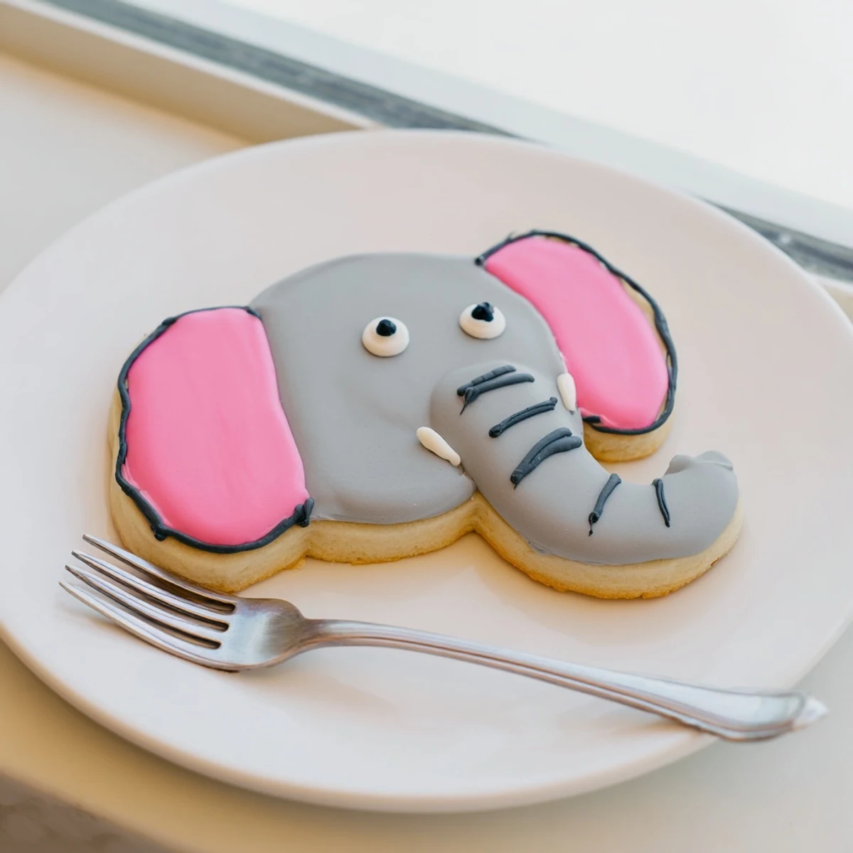 Close-up of cute, decorated Biscuits Amical Éléphant Géant cookies, ready to be enjoyed with a cold glass of milk.