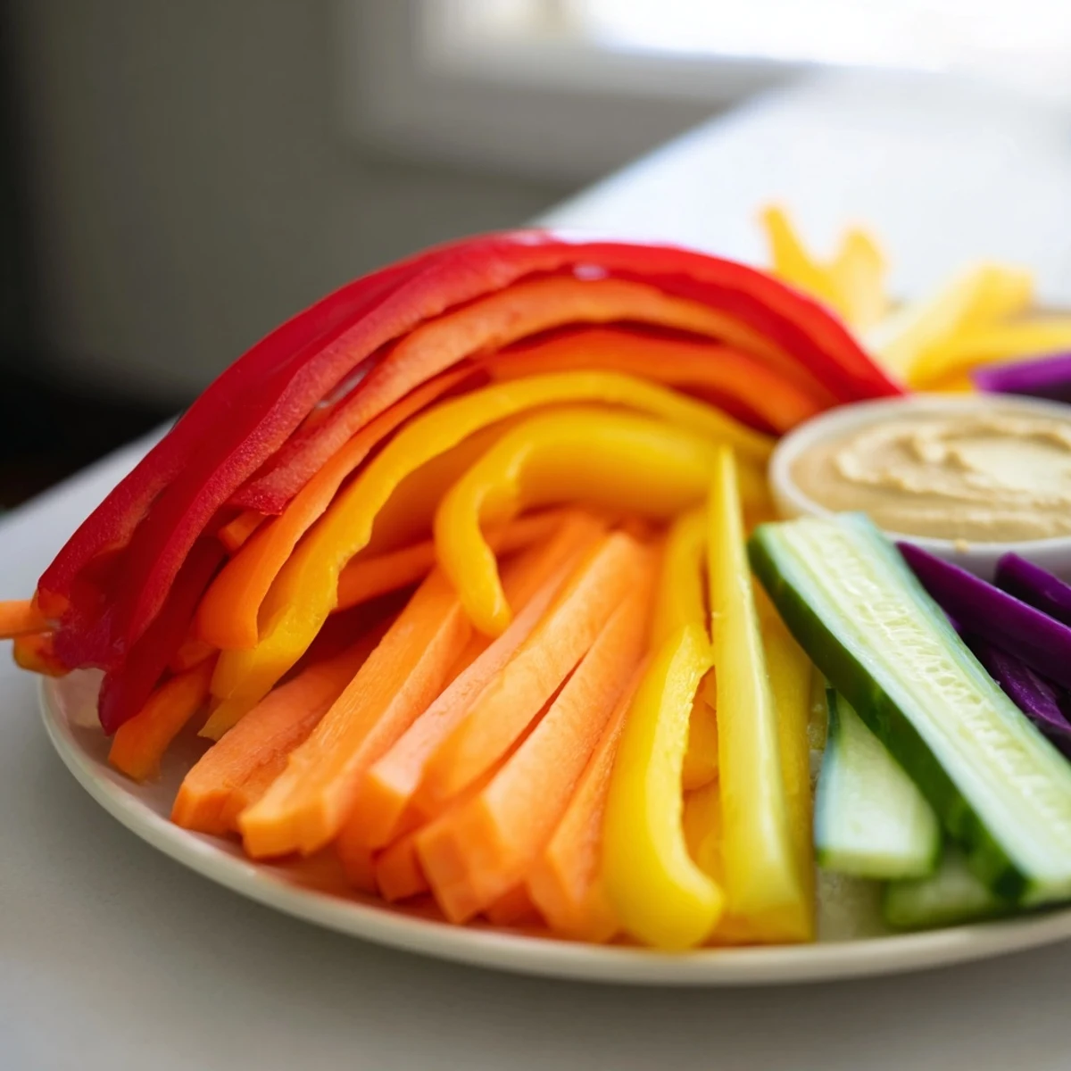 Rainbow Arch Veggie Sticks arranged in a colorful arc, perfect for a healthy and enjoyable snack platter.