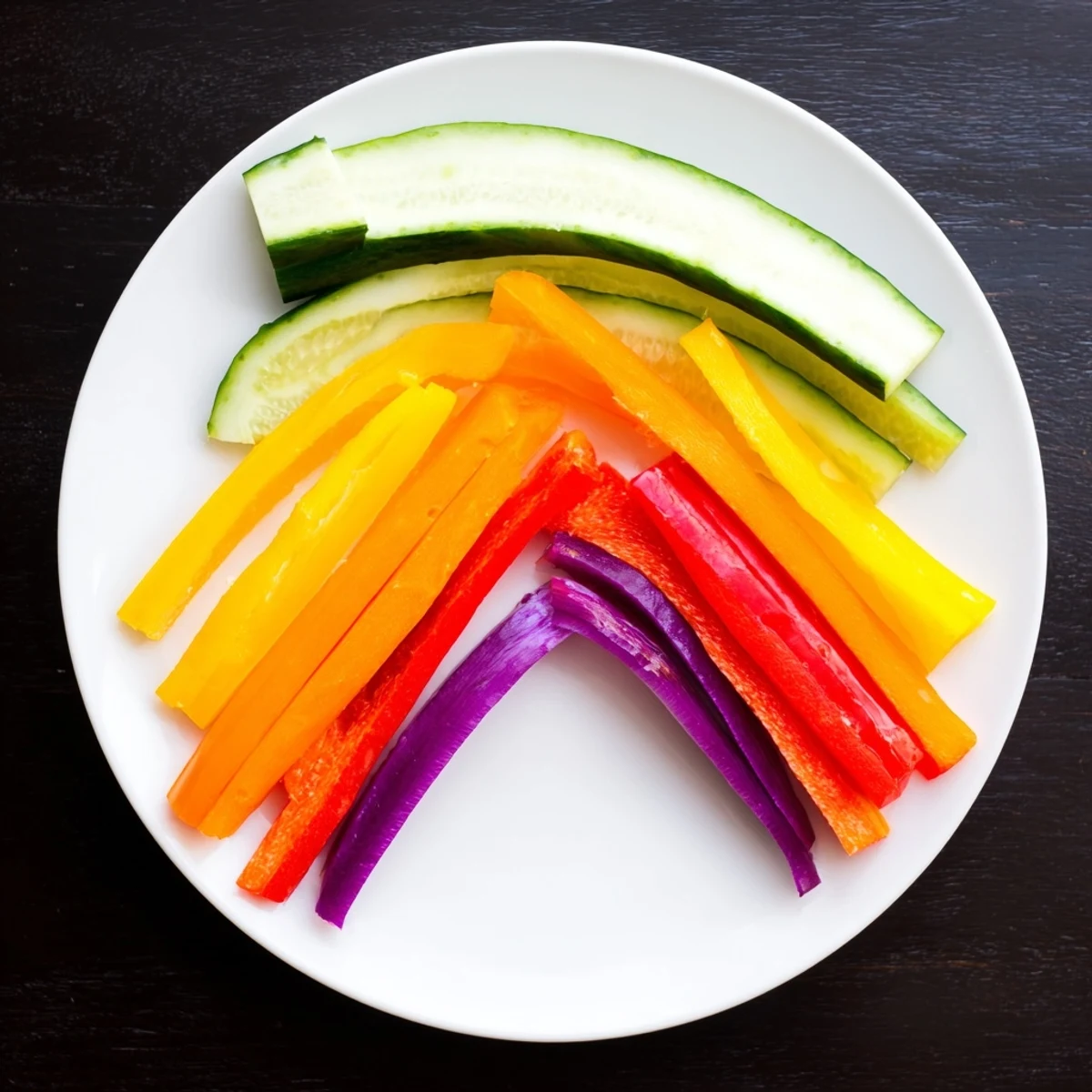Crisp Rainbow Arch Veggie Sticks, from red bell pepper to purple, ready to be dipped and savored.