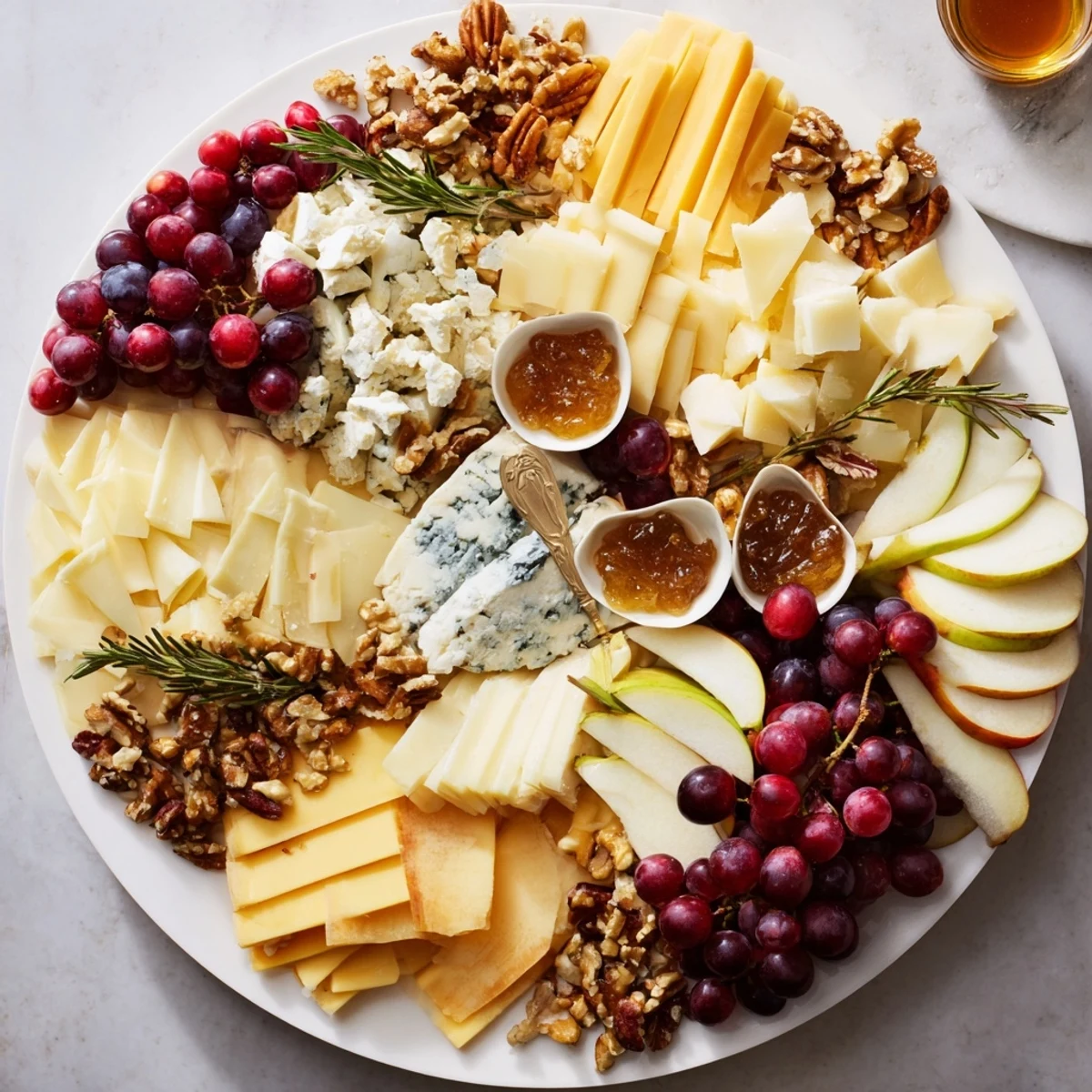 A bountiful Seasonal Winter Cabin Cheese Display, with creamy brie, crunchy nuts, and sweet fig jam beside crusty bread.