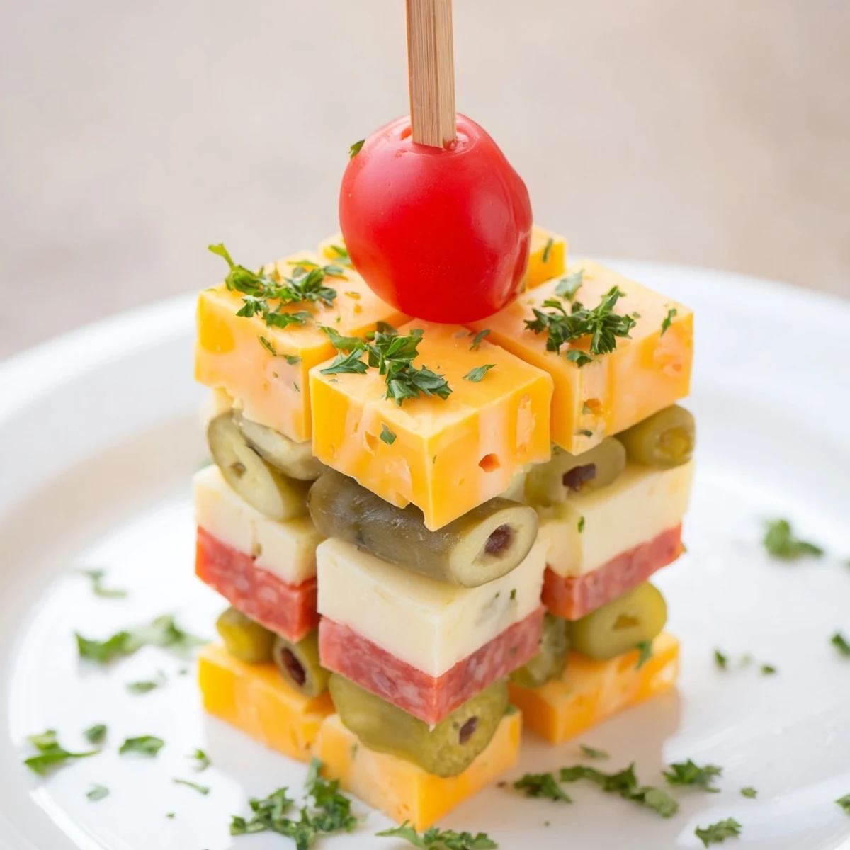 Festive Cube Cheese Stack, colorful appetizer cubes stacked high with cherry tomatoes and olives.